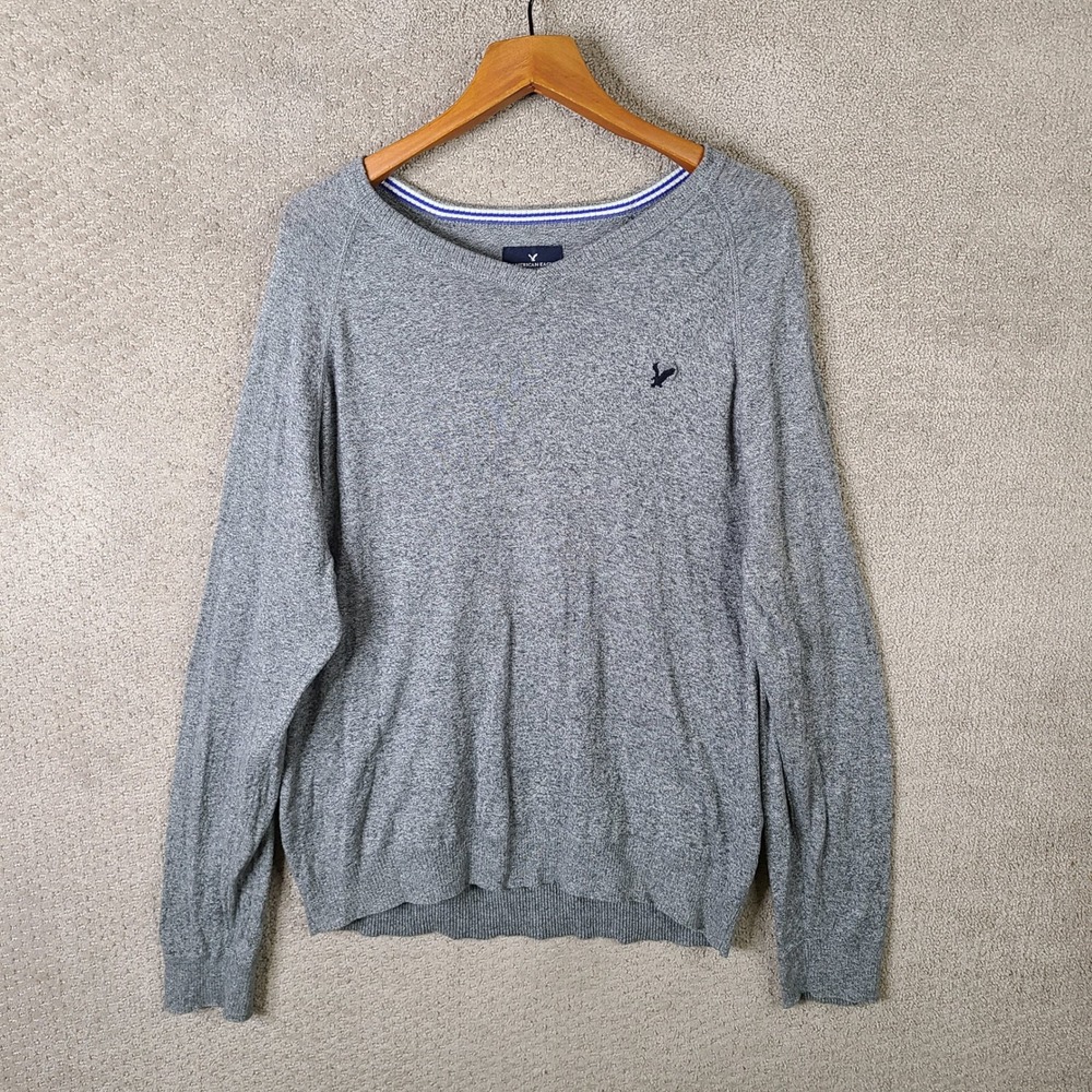 American Eagle‎ Mens Sweater Mens XXL Gray V Neck Classic Fit Knit Pullover